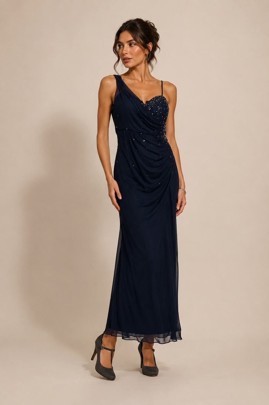 Xscape Blue Beaded One Shoulder Maxi Formal Dress Womens 12 Ruched Bridesmaid